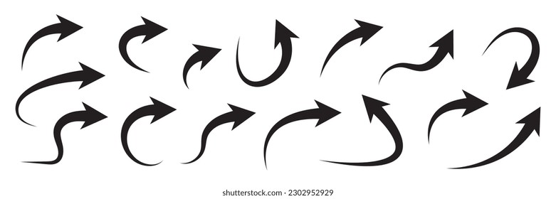 Set of black curved arrows isolated on white.