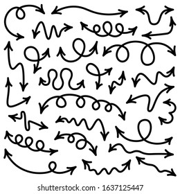 Set of black curved doodle arrows isolated on white background. Vector cartoon signs.