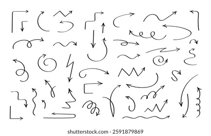 Set of black curved linear doodle arrows pointers.Isolated on white background.Vector illustration.