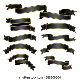 Set of black curved ribbon or banner with a gold border. JPG include isolated path. eps10