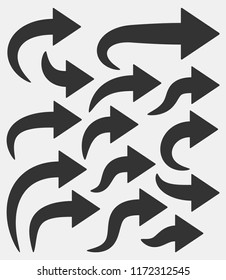 Set of black curved right arrows isolated on white background. Vector sign.