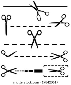 set black cut lines and many scissors silhouette - isolated set for cutting