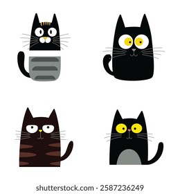 Set of Black Cute Naughty Cat Animal Cartoon Character with Humor Curious Lazy Face