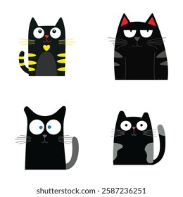 Set of Black Cute Naughty Cat Animal Cartoon Character with Humor Curious Lazy Face