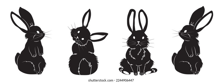 Set of black cute pretty bunny, rabbit or hare. Four different poses. Easter symbol or mascot. Vector illustration isolated on white background.