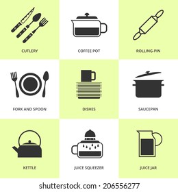 Set of black cutlery and dishes icons. Vector kitchen stuff in flat simple style.