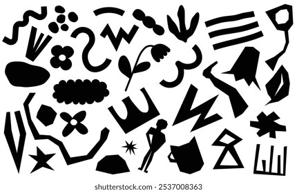 Set of black cutout elements isolated on white background