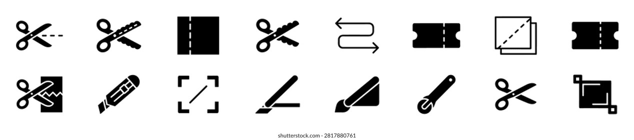 Set of black cutting icons representing scissors with various cutting lines, cutting tools, ticket cutting, crop and resize symbols on transparent background