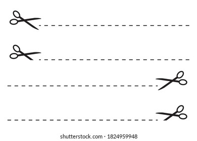 Set of black cutting icons. Scissors symbol. Sewing marks and patterns. Vector illustration.