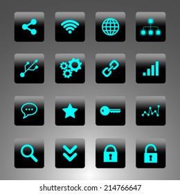 Set of black and cyan icons - technology, business and web