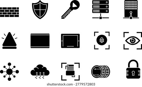 Set of black cyber security and digital technology icons for internet and data protection