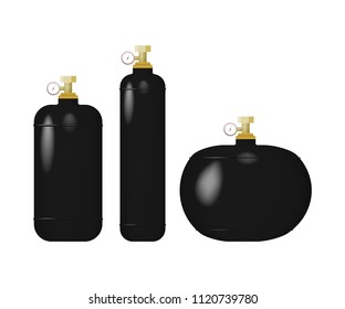 Set of black cylinder with liquefied gas. Compressed sulfur dioxide, nitrogen, argon vector illustration