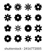 set of black daisies from geometric figures, collection of abstract silhouettes of flowers flowers icons isolated on white