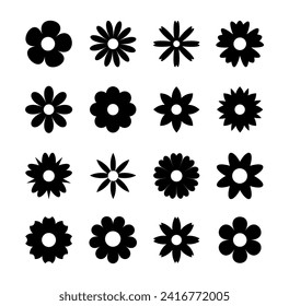 set of black daisies from geometric figures, collection of abstract silhouettes of flowers flowers icons isolated on white