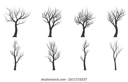 a set of black dead and dry tree silhouette illustration elements