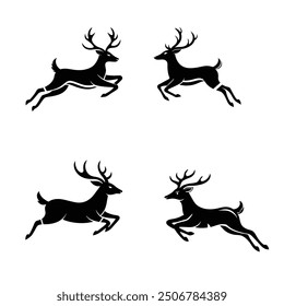 Set of Black dear silhouette white background.  big horns. Animal icon vector