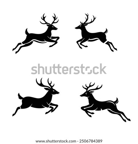 Set of Black dear silhouette white background.  big horns. Animal icon vector