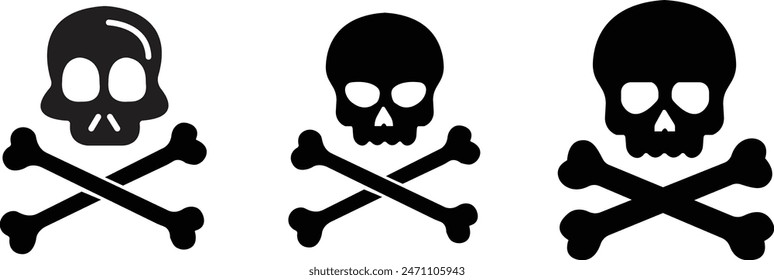 Set of Black Death, danger or poison fill icons. Crossbones Skull Human shapes. Satanic imagery. Horror icons. Mortality symbols. Occult, Demon, Rock and roll Logos isolated on transparent background.