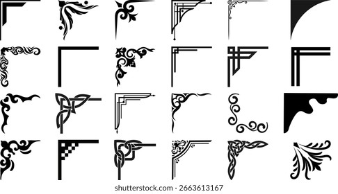 Conjunto de Elementos de diseño de esquina decorativos negros aislados sobre fondo blanco