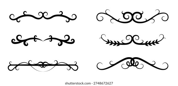 Set of black decorative divider motifs featuring curled scrolls and leaf-like elements on white background. Ornamental, symmetrical, for invitations and layouts. Vector illustration 
