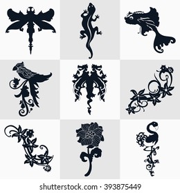 Set of black decorative elements for design isolated on the white background. Silhouettes and stickers of flowers, dragons, dragonfly, parrot, birds and lizard. Vector graphic design template. 