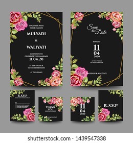 set of black decorative floral wedding invitation design template - vector