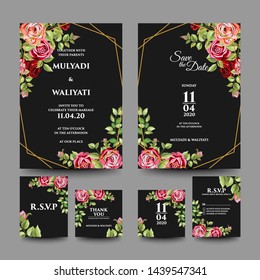 set of black decorative floral wedding invitation design template - vector