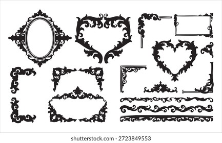 Un conjunto de marcos decorativos negros, esquinas y bordes con volutas y filigranas adornadas. Se incluyen un marco ovalado, un marco en forma de corazón, marcos rectangulares y varios Elementos esquineros, todos presentados sobre un fondo blanco. Estos Elementos son ideales para el Diseño gráfico y añadir toques decorativos.