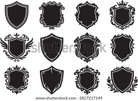 Set of black decorative vintage crest shield badges and heraldic silhouettes vector logo templates