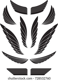 Set of black decorative wings. Vector illustration.