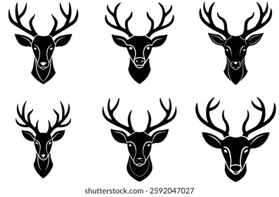 Set of Black Deer Head Silhouettes with Antlers on White Background