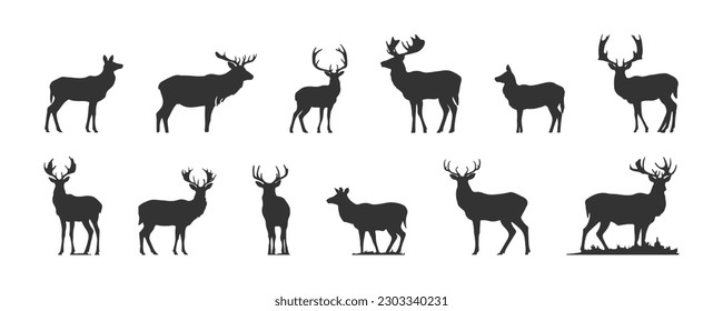 Set of black deer silhouettes isolated on white background, vector illustration