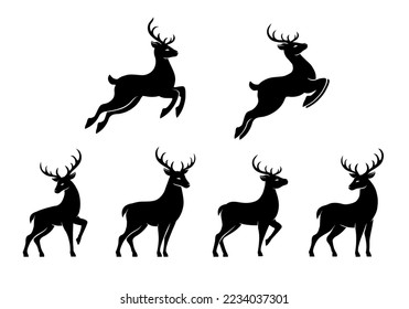 Set of black deer silhouettes on white background. Vector illustration. 