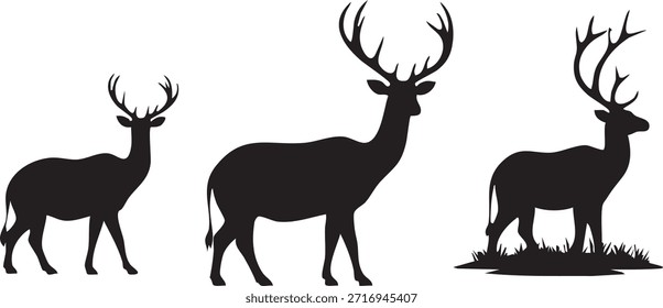 Set of Black Deer and Stag Silhouettes with Large Antlers Isolated on White Background