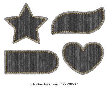 Set of black denim patches with stitch. Different shapes with place for your text isolated on white background