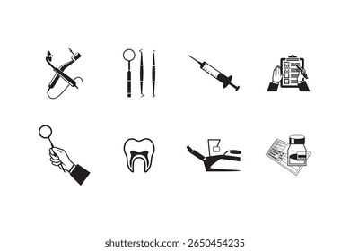 Set of black dental tools and icons in minimal line style. Perfect for clinics, healthcare posters, and infographics.
