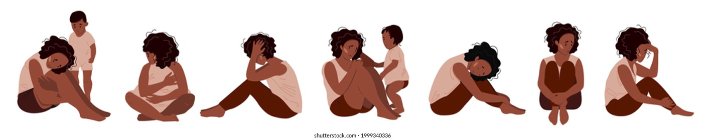 Set of black depressed young unhappy sitting girls. Concept of mental disorder. Colorful vector illustration in flat cartoon style of african american girls