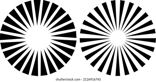 Set of black design element, radial circle of triangle shapes, spiky lines, stripes. Sun rays, starburst design. Transparent background. Abstract vector illustration, eps 10.