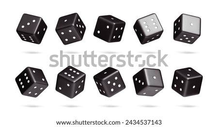 Set of black dice with random numbers of white dots 3D rendered. Gambling objects to play craps and poker, casino, tabletop or board games realistic three dimensional vector illustration