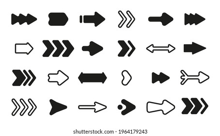 Conjunto de flecha negra diferente. Esquema de icono, signo de navegación de estilo plano. Cursor del puntero del elemento infográfico. Sencillo símbolo gráfico arriba, izquierda, derecha, abajo. Reproductor de interfaz, por cierto, aplicación. Ilustración del vector