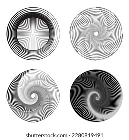 Set of black different size spiral lines. optical geometric art design elements for frames, logos, tattoos, and web pages. An abstract vector illustration Isolated on white background.