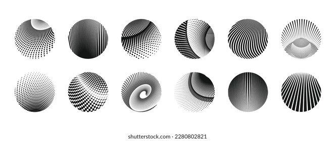 Set of black different sizes round,  spiral lines optical geometric art design elements for frames, logos, tattoos, and web pages. An abstract vector illustration Isolated on white background