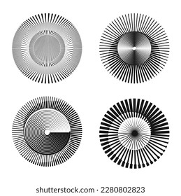 Set of black different sizes round,  spiral lines optical geometric art design elements for frames, logos, tattoos, and web pages. An abstract vector illustration Isolated on white background