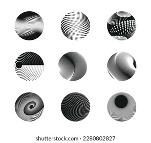 Set of black different sizes round,  spiral lines optical geometric art design elements for frames, logos, tattoos, and web pages. An abstract vector illustration Isolated on white background