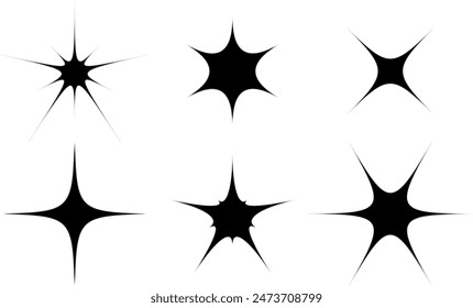 Conjunto de diferentes estrellas negras Y2k estética. Colección de las Formas de vértice geométricas. Brillo minimalista moderno. Brillos. Elementos abstractos aislados. Cuatro, cinco, seis puntas. Ilustración vectorial