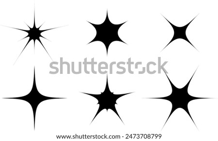 Set of black different stars Y2k aesthetic. Collection of geometric corner shapes. Modern minimalist glitter. Sparkles. Isolated abstract elements. Four, five, six-pointed. Vector illustration