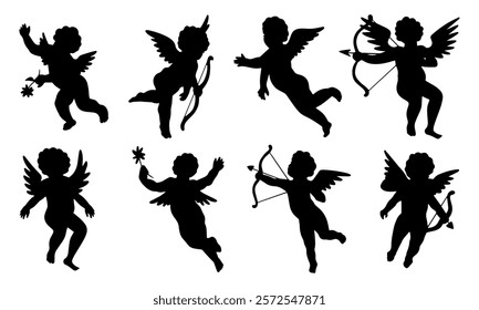 Set of black different style vector cupid silhouette