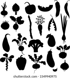 set of black different vegetables isolated on white background