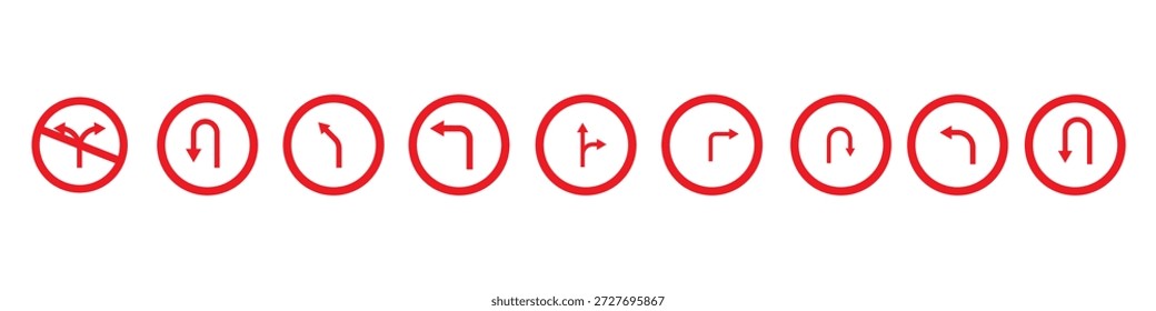 Conjunto de iconos de flecha direccional negra que incluyen giro en U, giro a la derecha, giro a la izquierda y flechas rectas. Sencillas señales de Vector para el tráfico, la navegación y las direcciones de la carretera.