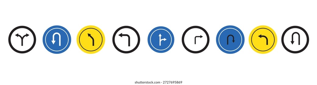 Conjunto de iconos de flecha direccional negra que incluyen giro en U, giro a la derecha, giro a la izquierda y flechas rectas. Sencillas señales de Vector para el tráfico, la navegación y las direcciones de la carretera.